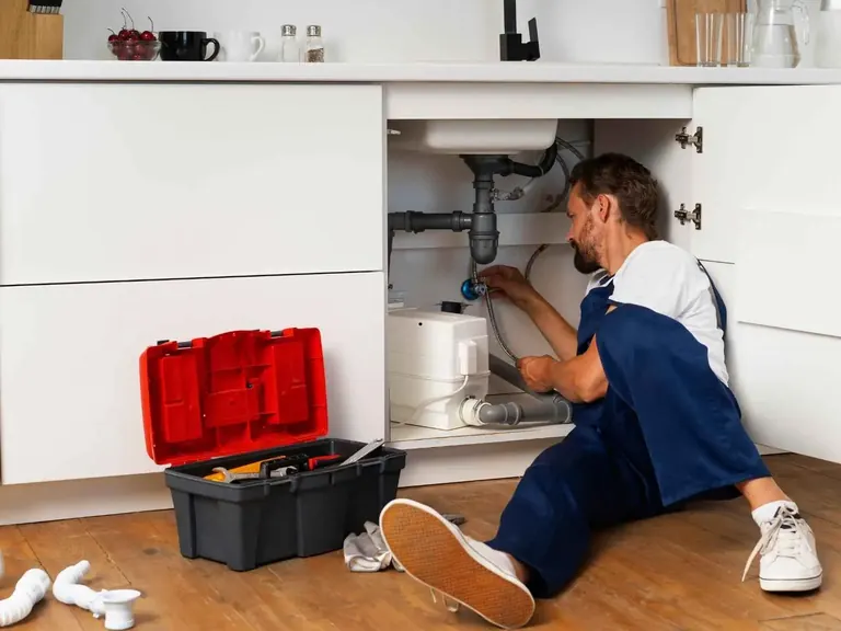 Plumber checking sink plumbing during a leak detection visit