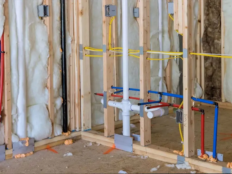 Open wall framing with new red and blue water-supply piping for repiping