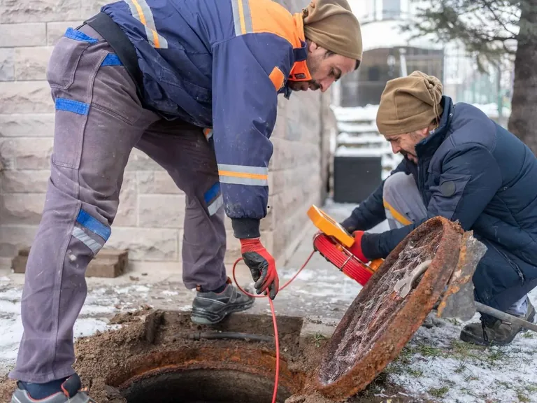 Plumbers performing a sewer camera inspection at an exterior access point