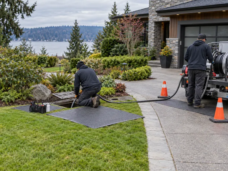 Limited excavation sewer repair setup protecting a Mercer Island lawn and driveway