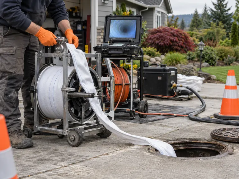 Pipe lining equipment staged beside a sewer access opening for trenchless repair