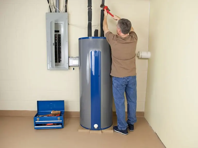 Plumber installing a tank water heater in a utility room